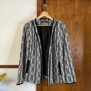 NINE WEST Geometric Blazer Cardigan Jacket Black White Open Front Pockets Sz‎ 6